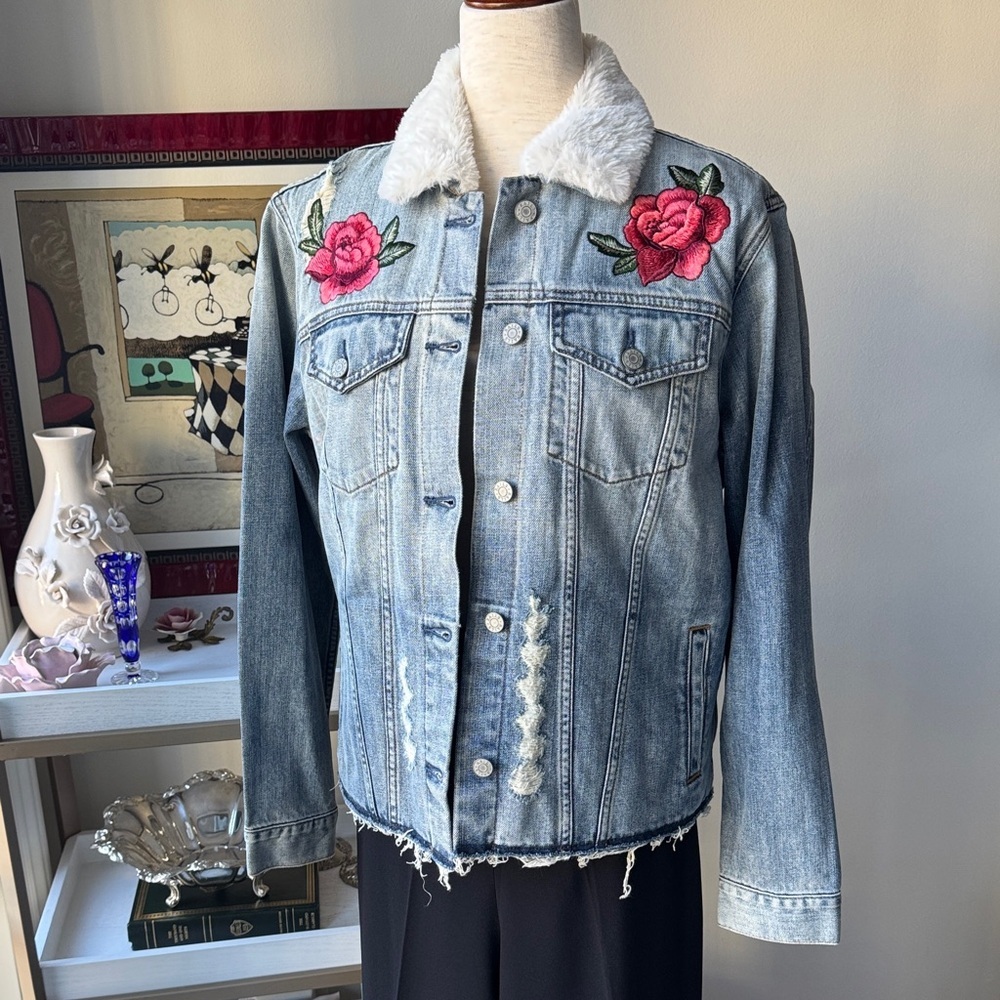 Rails Blue Denim Jacket with Pink Floral Detail